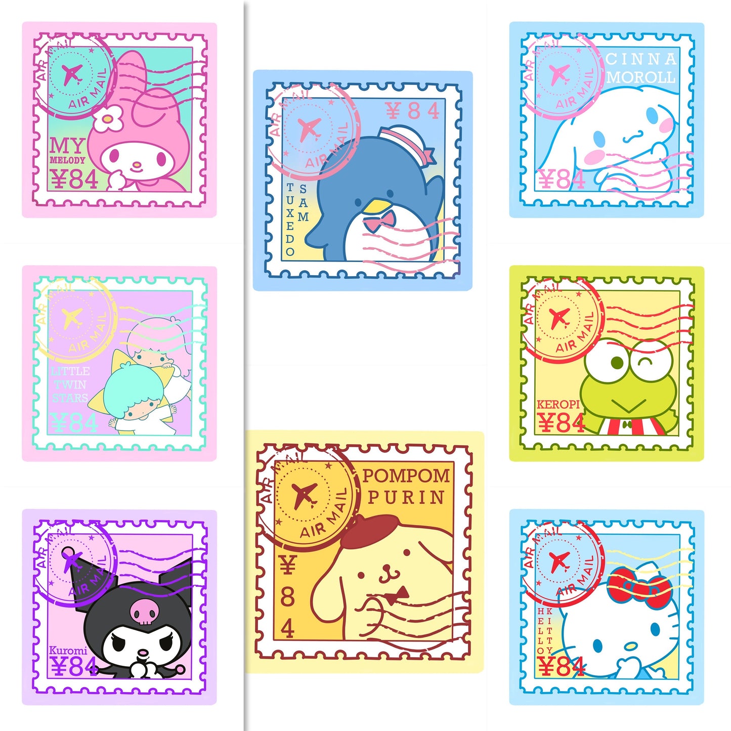 Sanrio Postage Stamp Mock ups Holographic vinyl sticker pack of 8